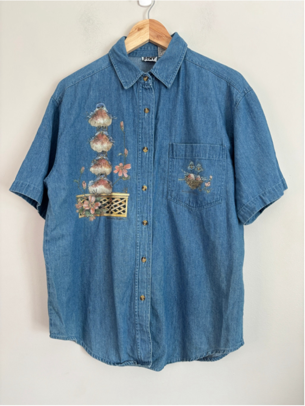 Vintage PTNY Denim Short Sleeve Button Down Shirt Blue Bird Size S Cottagecore